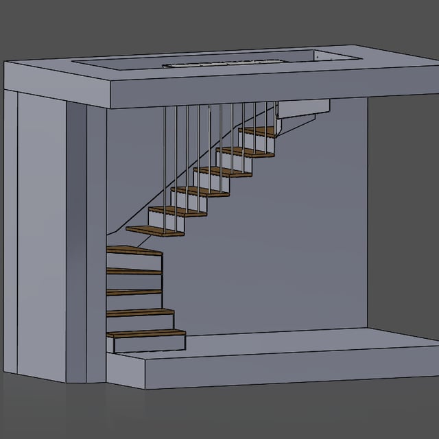 Plan 3D d'un escalier métal avec marches bois, finition thermolaquage blanc