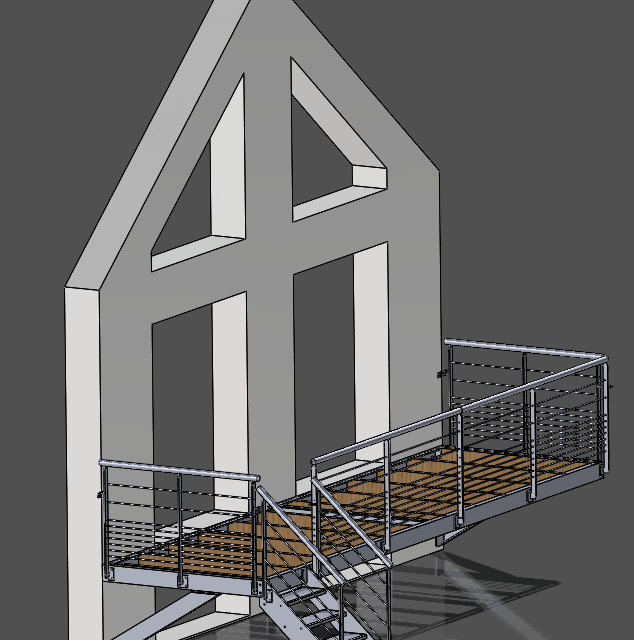 Plan 3D d'une terrasse suspendue de 2 m sur 6 m en structure métallique