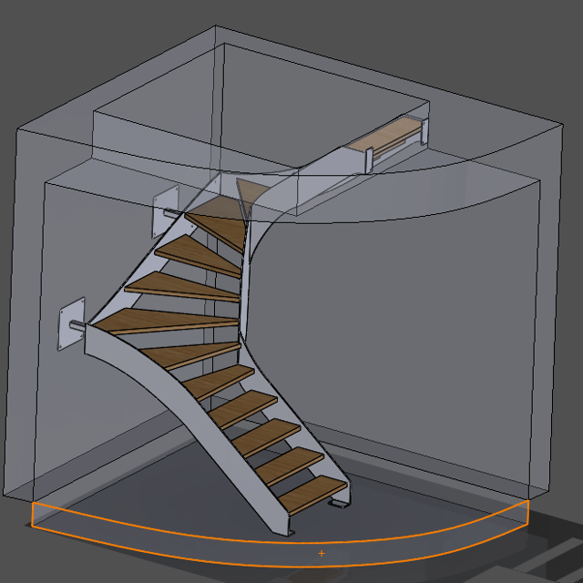 Plan 3D d'un escalier 2/4 tournant avec limons latéraux de 10 mm