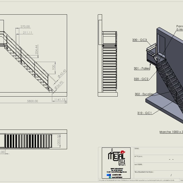 Plan d'un escalier droit d'atelier en métal