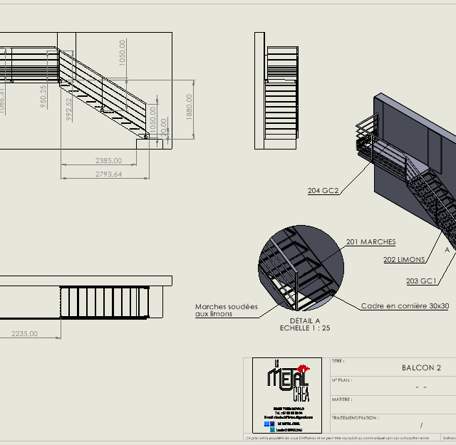 Plan d'un escalier métallique avec garde-corps intégré