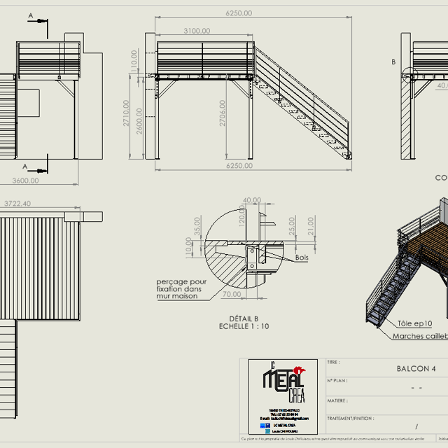 Plan 3D d'une terrasse métallique de 4 m sur 3 m avec escalier